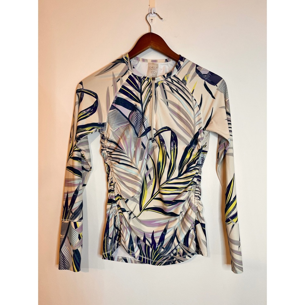 CALIA by Carrie Underwood Tropical Palm Rash Guard Zip Top Women Small Swim Surf